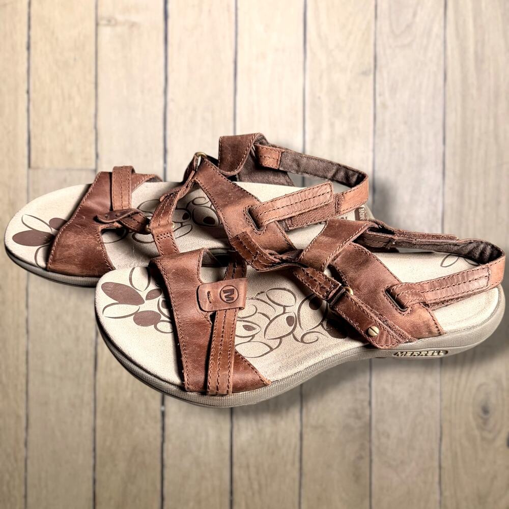 Women's Size 8 MERRELL Bracken Brown Leather Strappy Leather Camping Shoes EUC